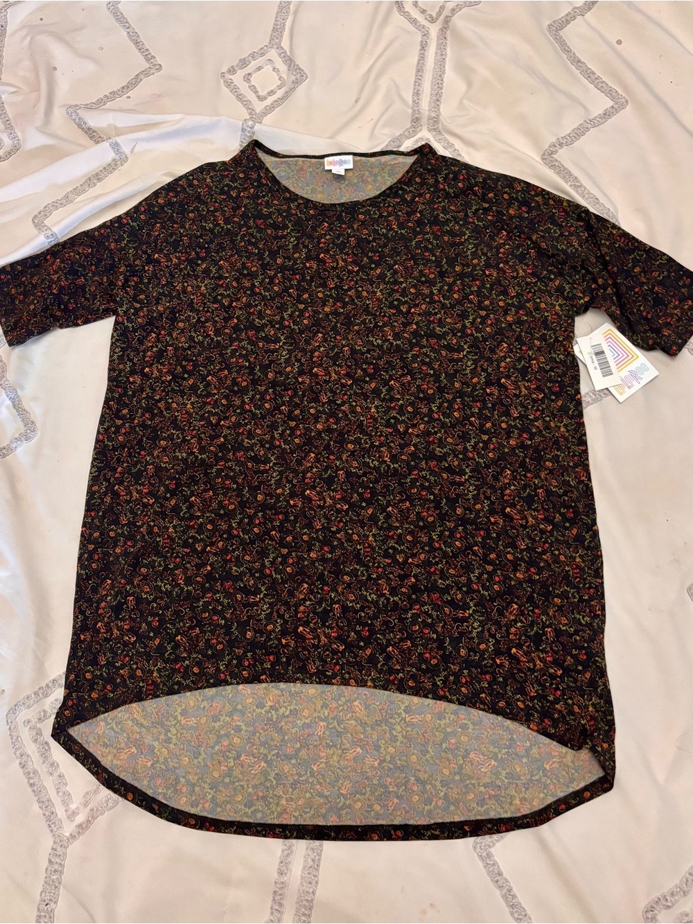 LuLaRoe Irma Black Multicolor Floral Print High Low Tunic Top Size Medium NWT - Picture 2 of 10
